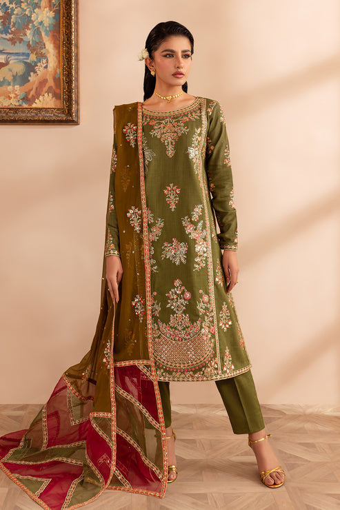 Emaan Adeel | Rangrez Collection | RIWAAZ XS Olive Green Khaddar