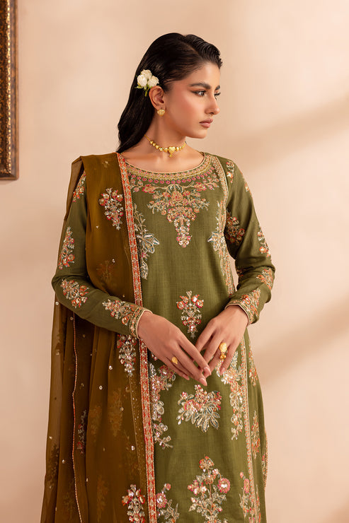 Emaan Adeel | Rangrez Collection | RIWAAZ L Olive Green Khaddar
