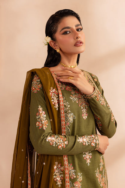 Emaan Adeel | Rangrez Collection | RIWAAZ M Olive Green Khaddar