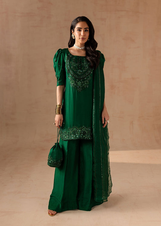 Maria Osama Khan | Noir Bliss Luxury Formals | Emerald Green XS Bottle Green Raw Silk