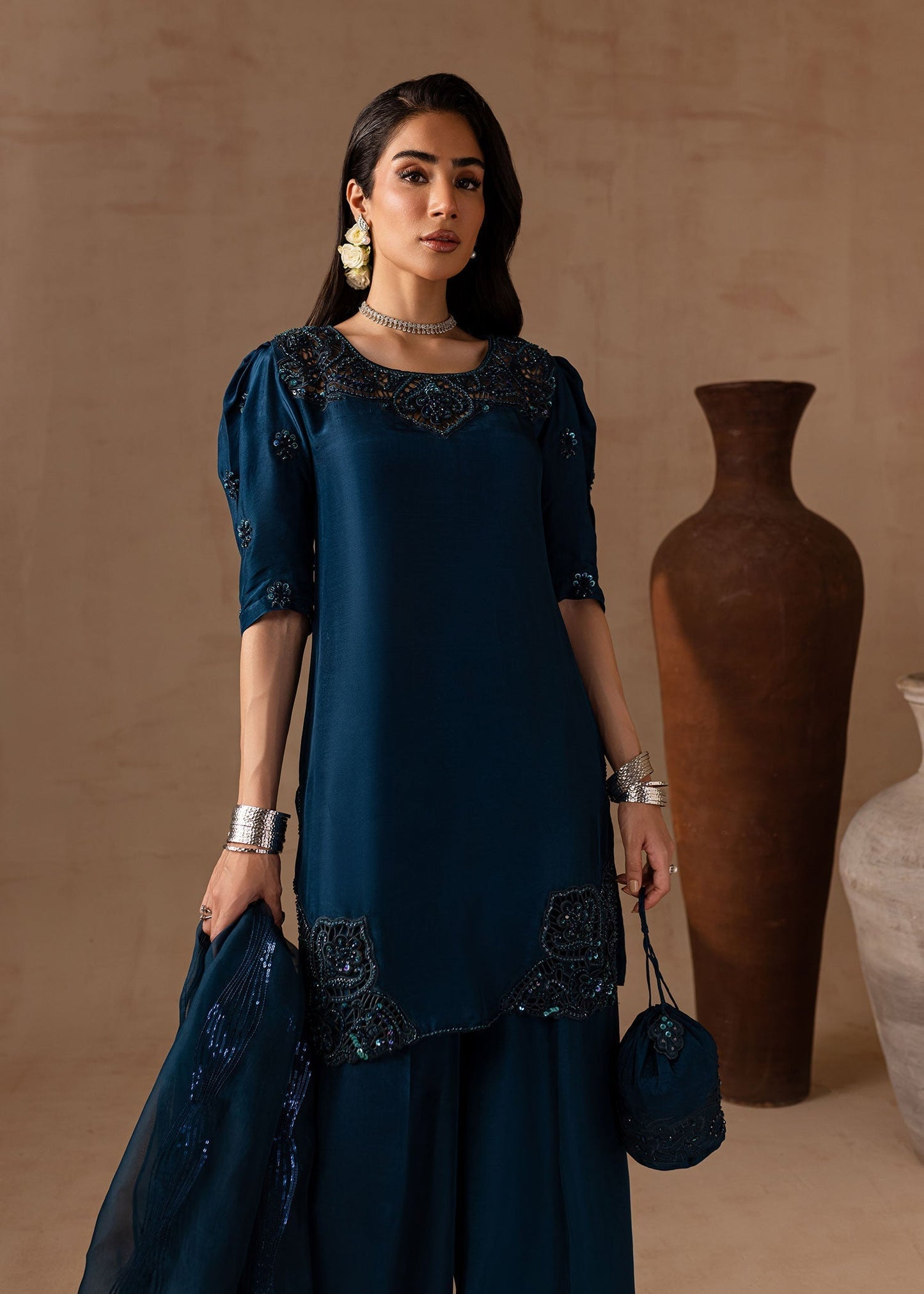 Maria Osama Khan | Noir Bliss Luxury Formals | Royal Sapphire L Teal Raw Silk