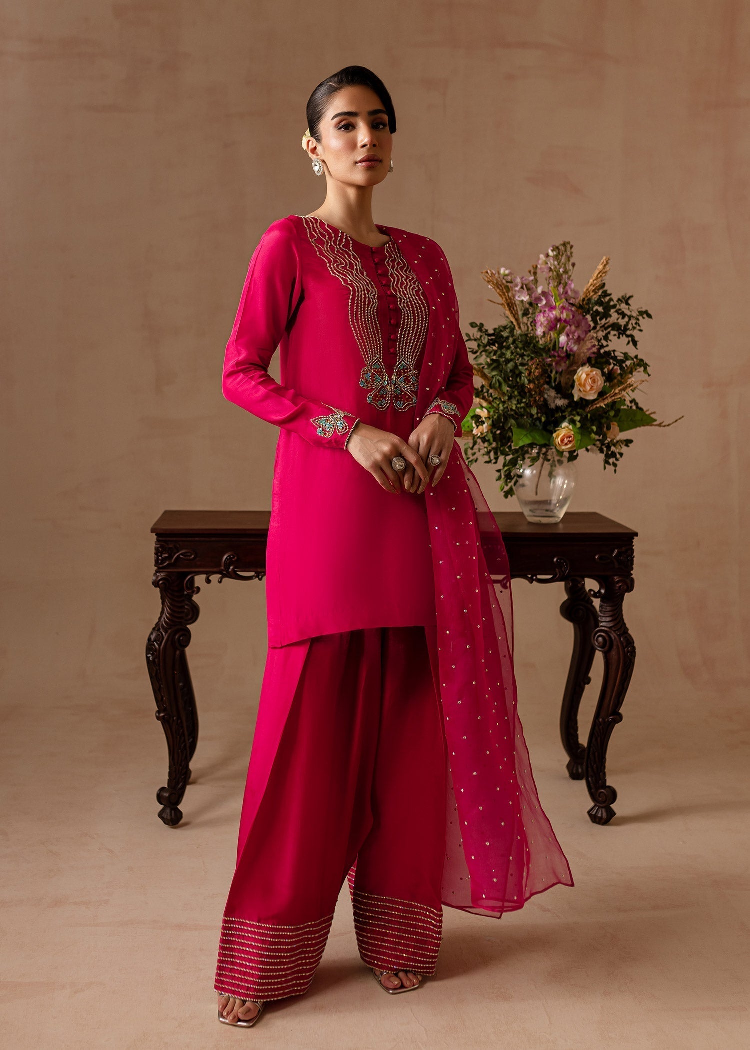 Maria Osama Khan | Noir Bliss Luxury Formals | Peony XS Hot Pink Raw Silk