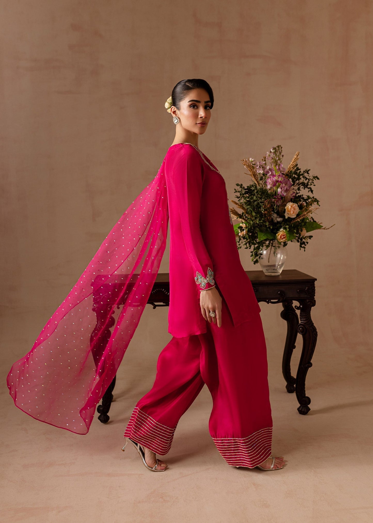 Maria Osama Khan | Noir Bliss Luxury Formals | Peony XL Hot Pink Raw Silk