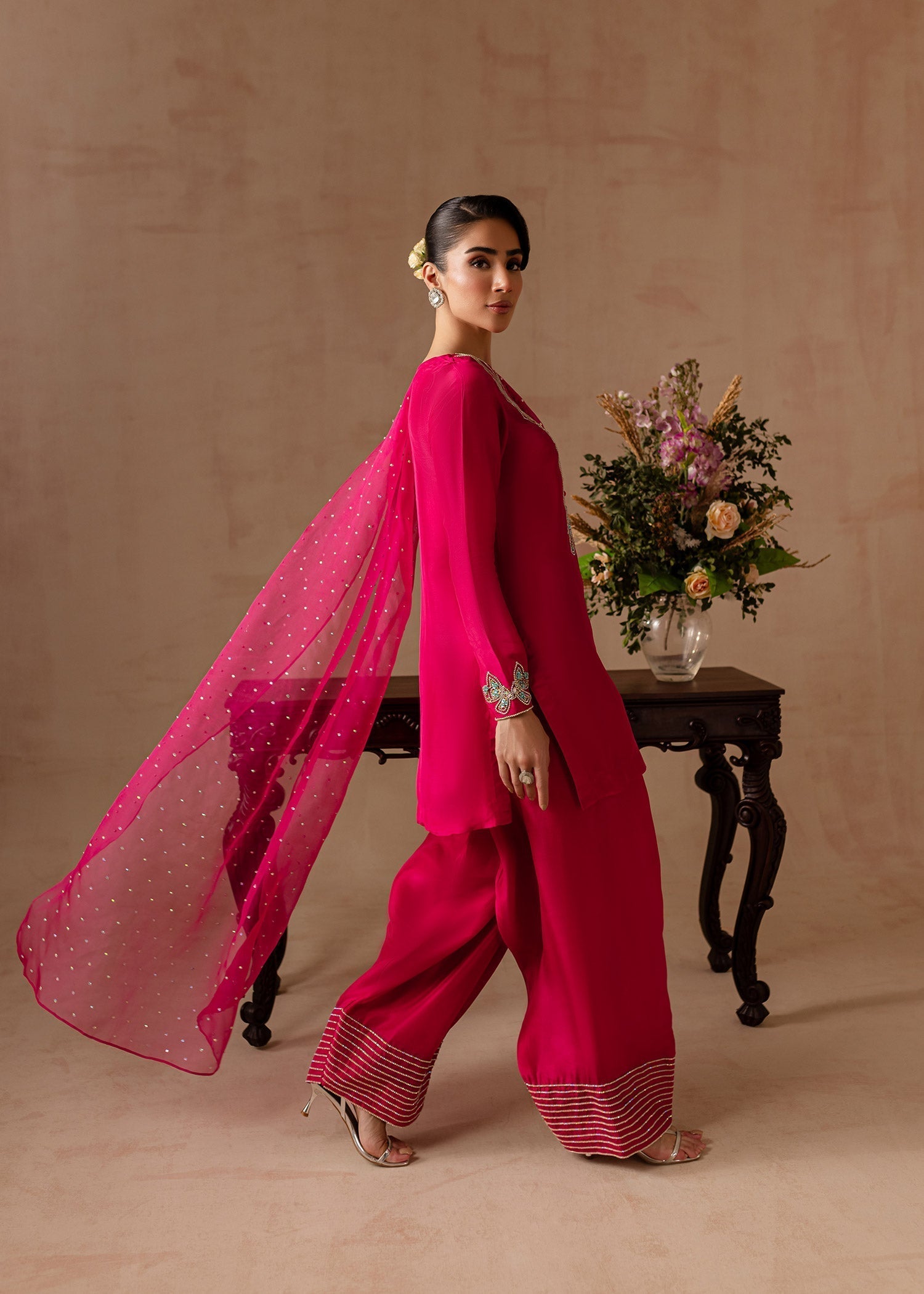 Maria Osama Khan | Noir Bliss Luxury Formals | Peony XL Hot Pink Raw Silk