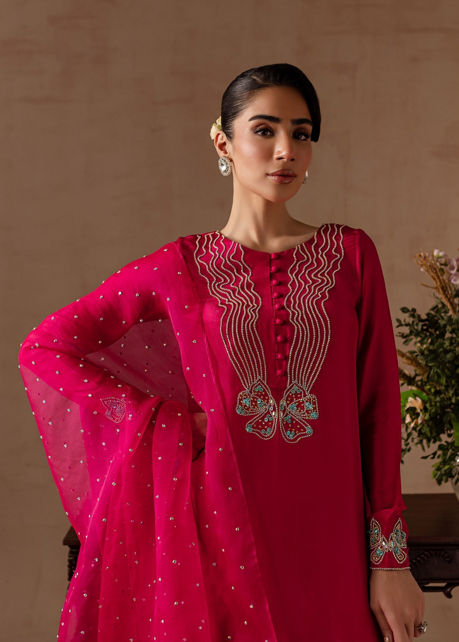 Maria Osama Khan | Noir Bliss Luxury Formals | Peony M Hot Pink Raw Silk
