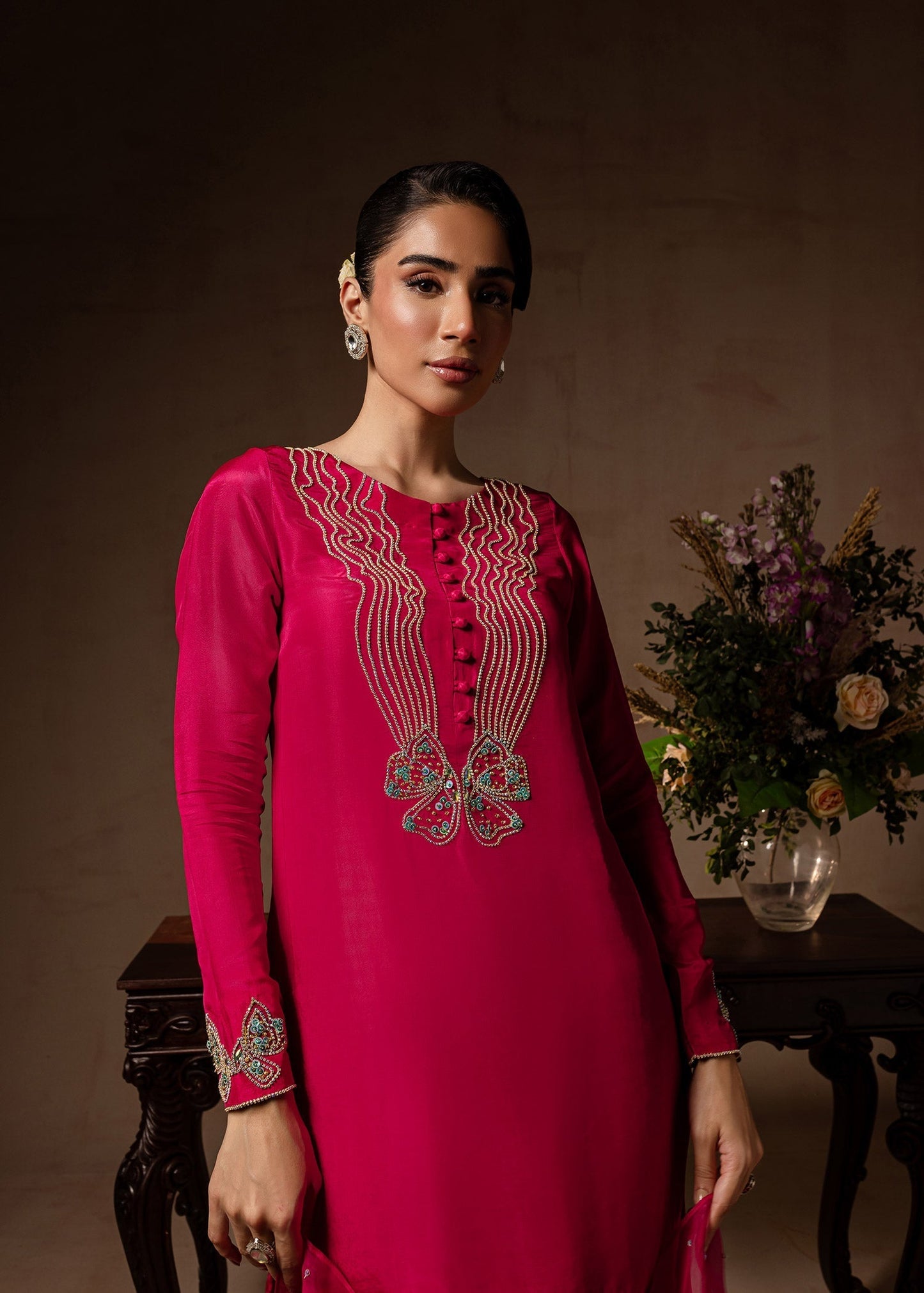 Maria Osama Khan | Noir Bliss Luxury Formals | Peony L Hot Pink Raw Silk