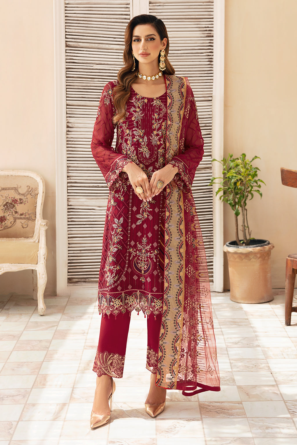 Ramsha | Chevron Chiffon Collection | A-907 XS Haute Red Chiffon