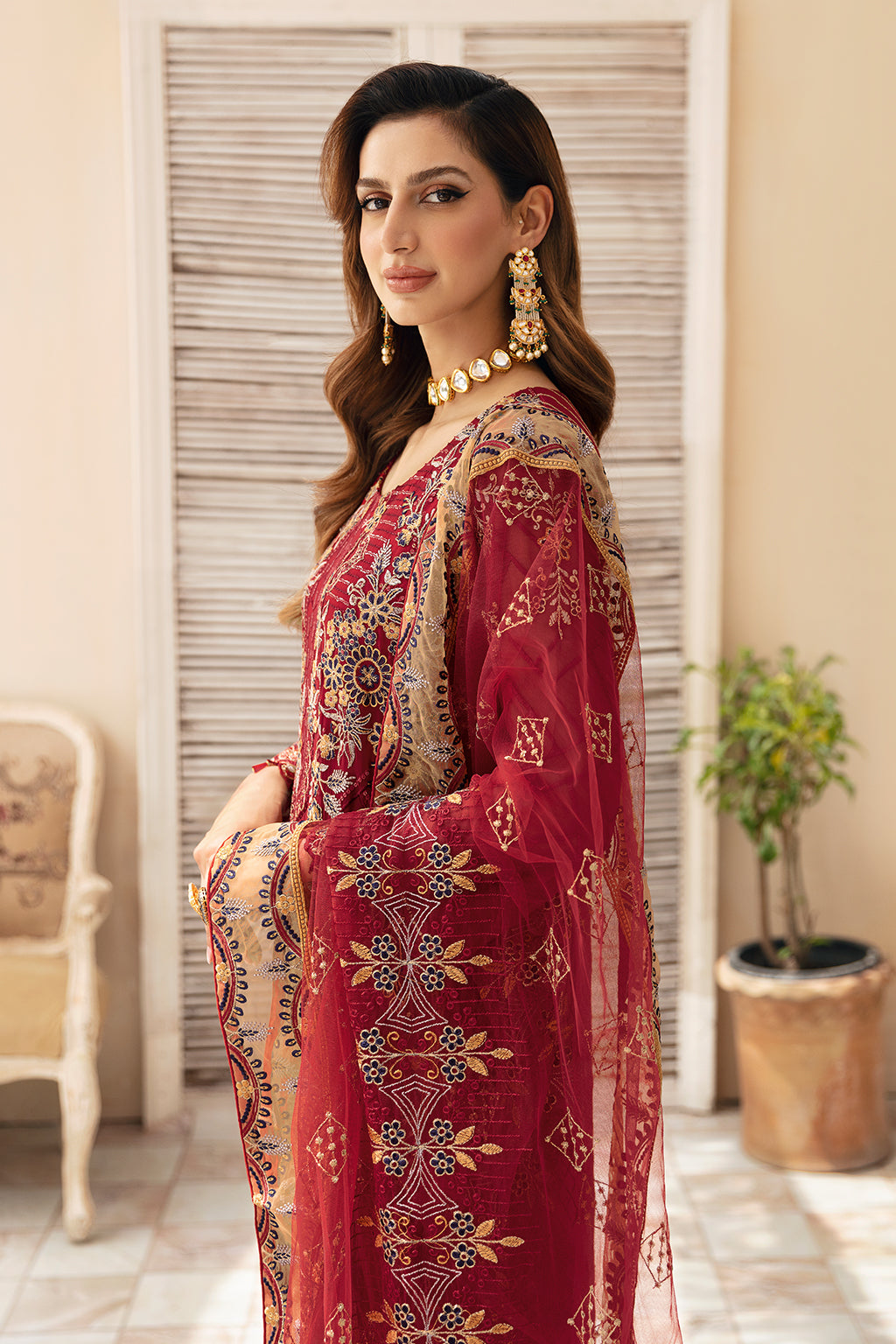 Ramsha | Chevron Chiffon Collection | A-907 M Haute Red Chiffon