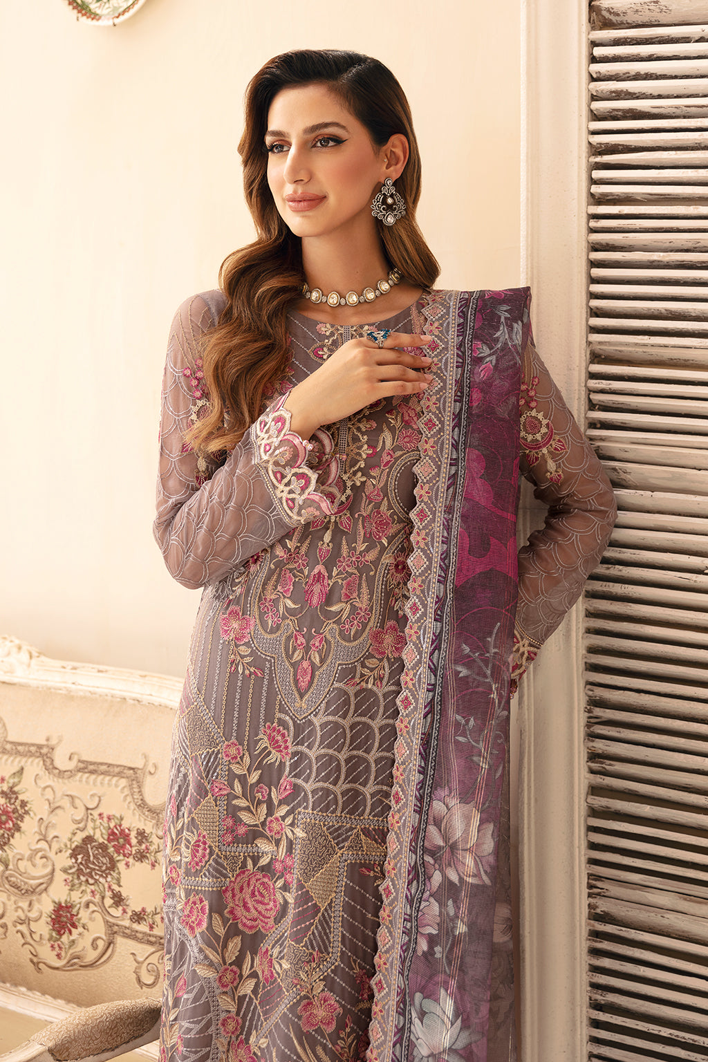 Ramsha | Chevron Chiffon Collection | A-908 M Mouse Gray Chiffon