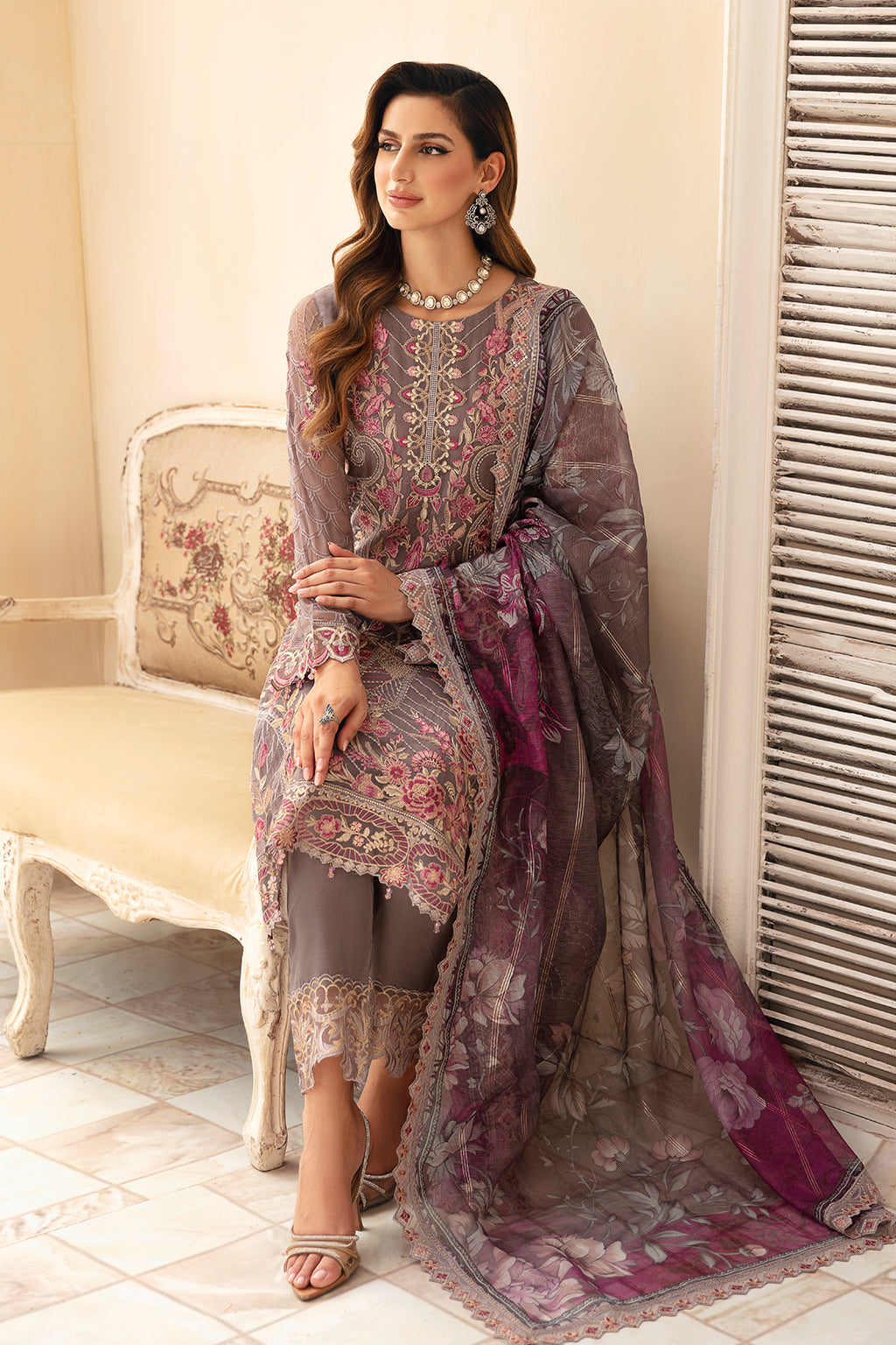 Ramsha | Chevron Chiffon Collection | A-908 L Mouse Gray Chiffon