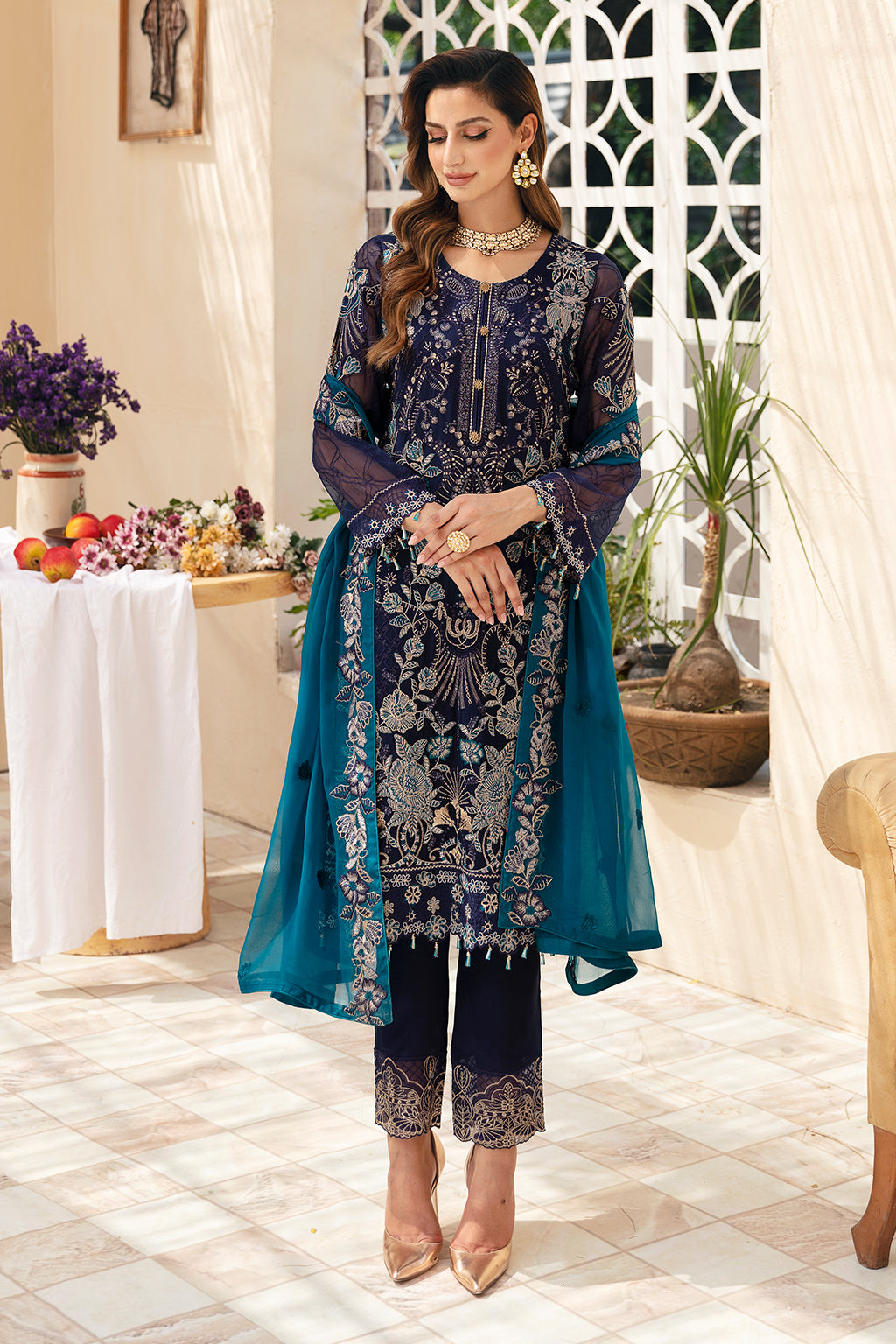Ramsha | Chevron Chiffon Collection | A-903 XL Deep Blue Chiffon