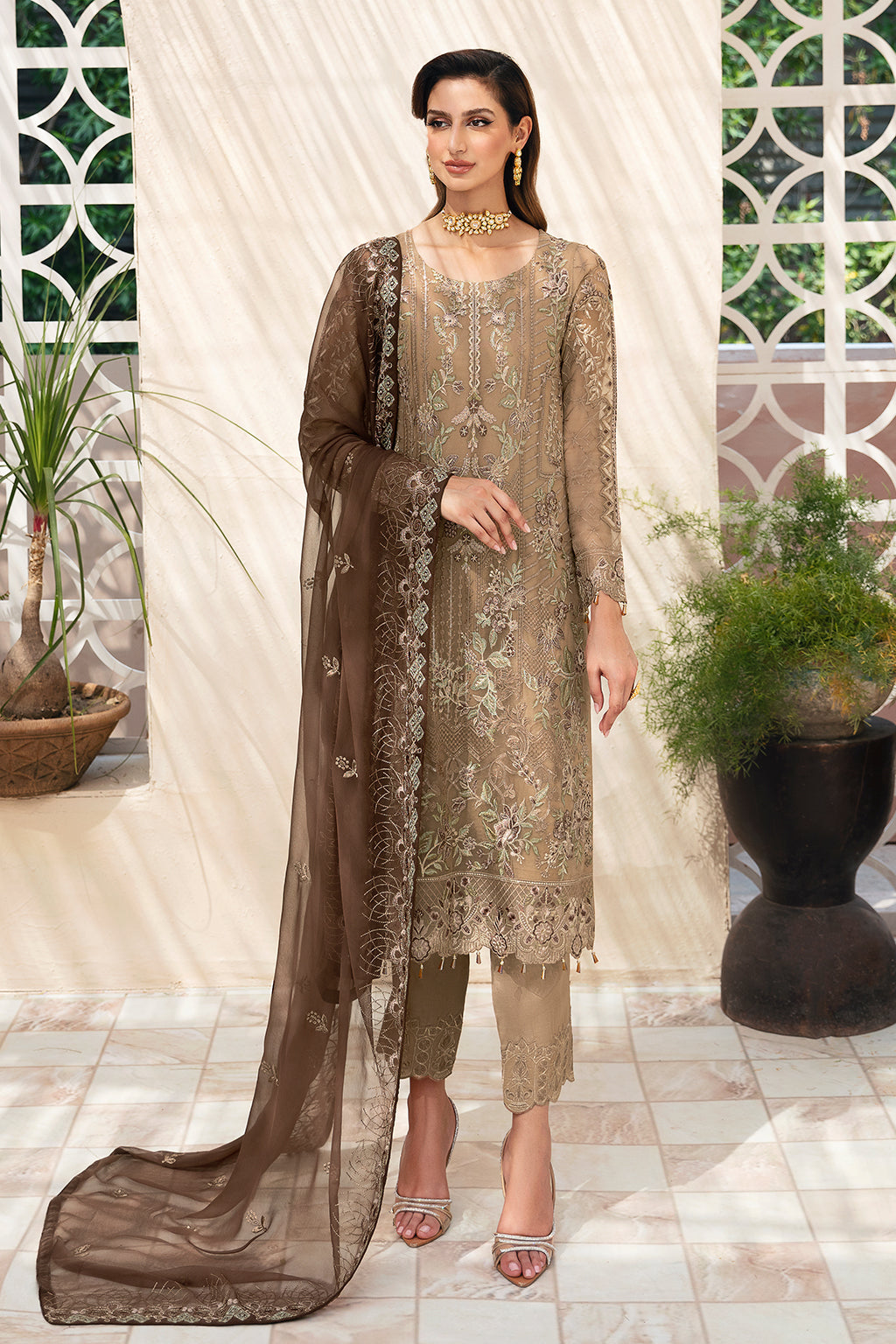 Ramsha | Chevron Chiffon Collection |A-904 XS Coffee Chiffon