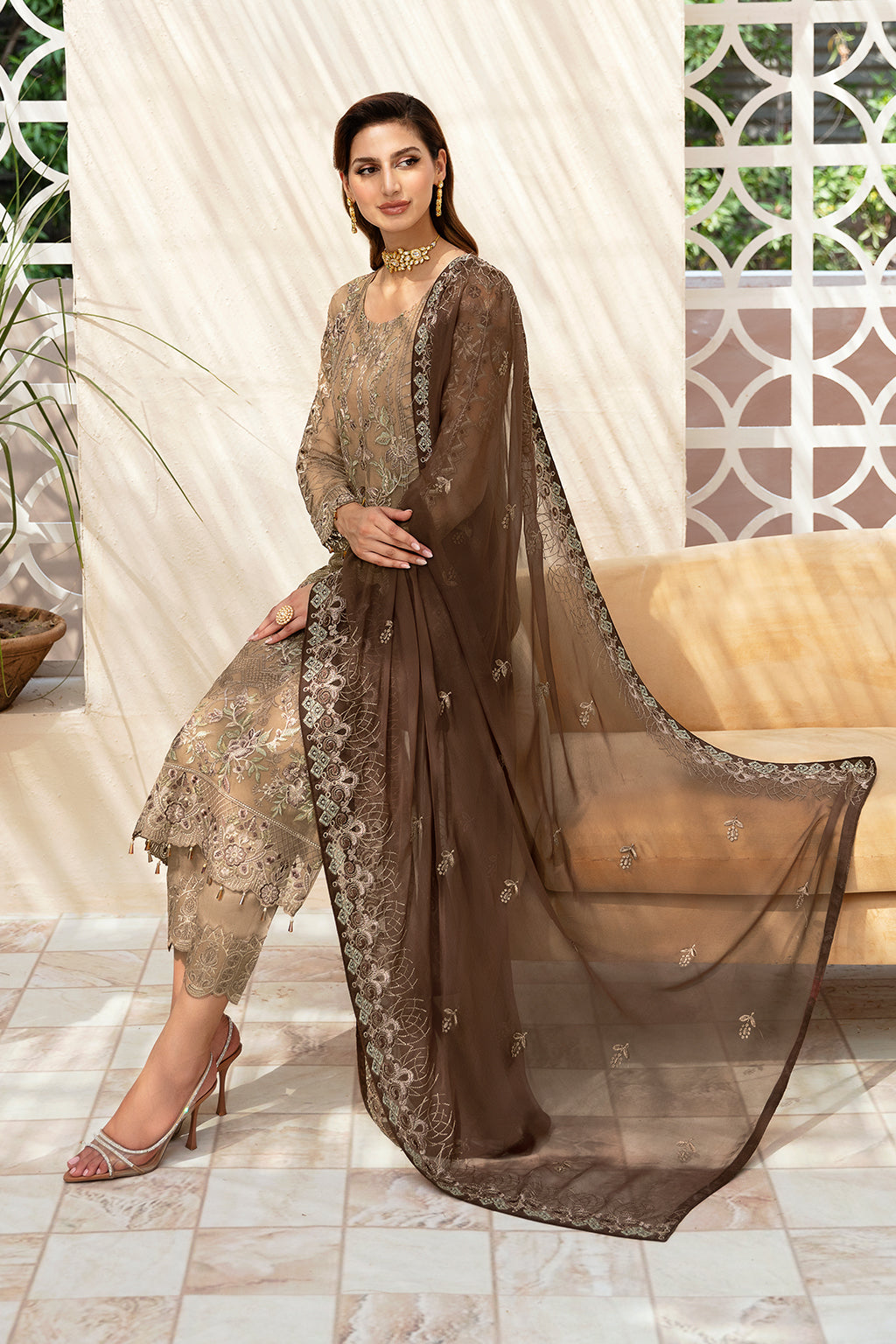Ramsha | Chevron Chiffon Collection |A-904 XL Coffee Chiffon