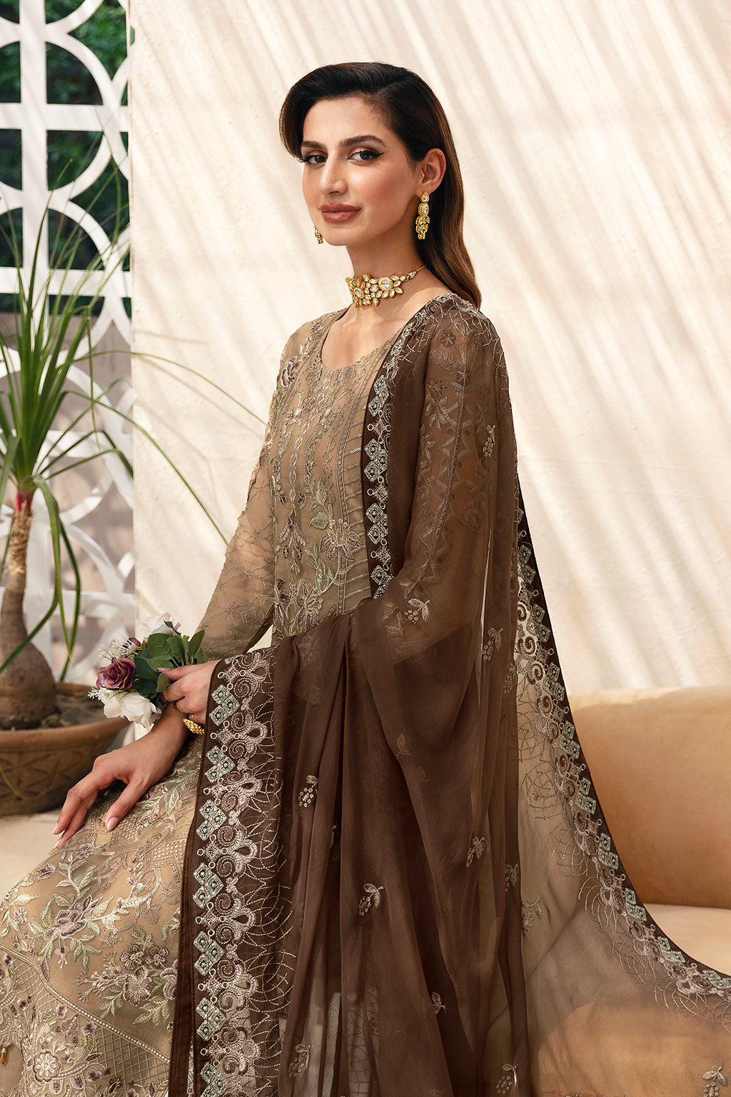Ramsha | Chevron Chiffon Collection |A-904 L Coffee Chiffon