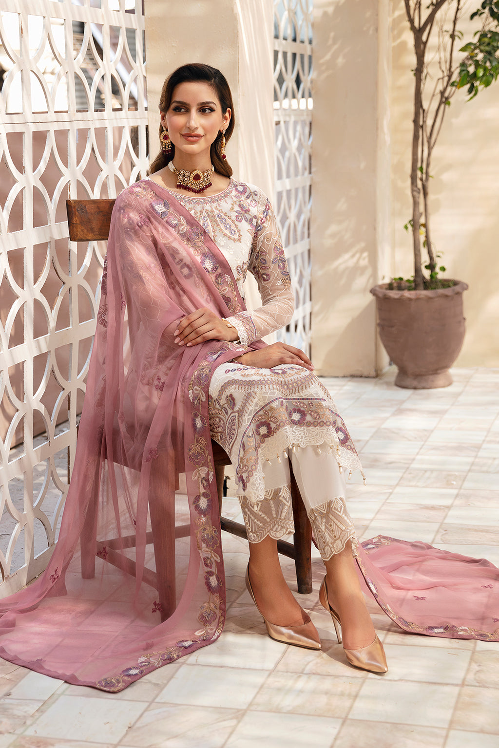 Ramsha | Chevron Chiffon Collection | A-902 Custom Size Ivory Chiffon