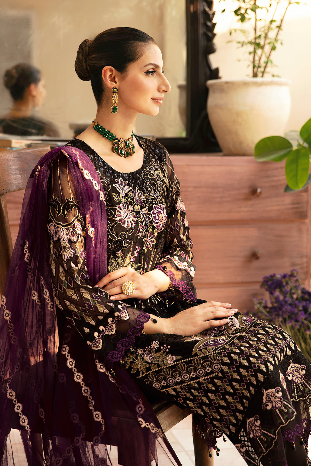 Ramsha | Chevron Chiffon Collection | A-905 Custom Size Black Chiffon