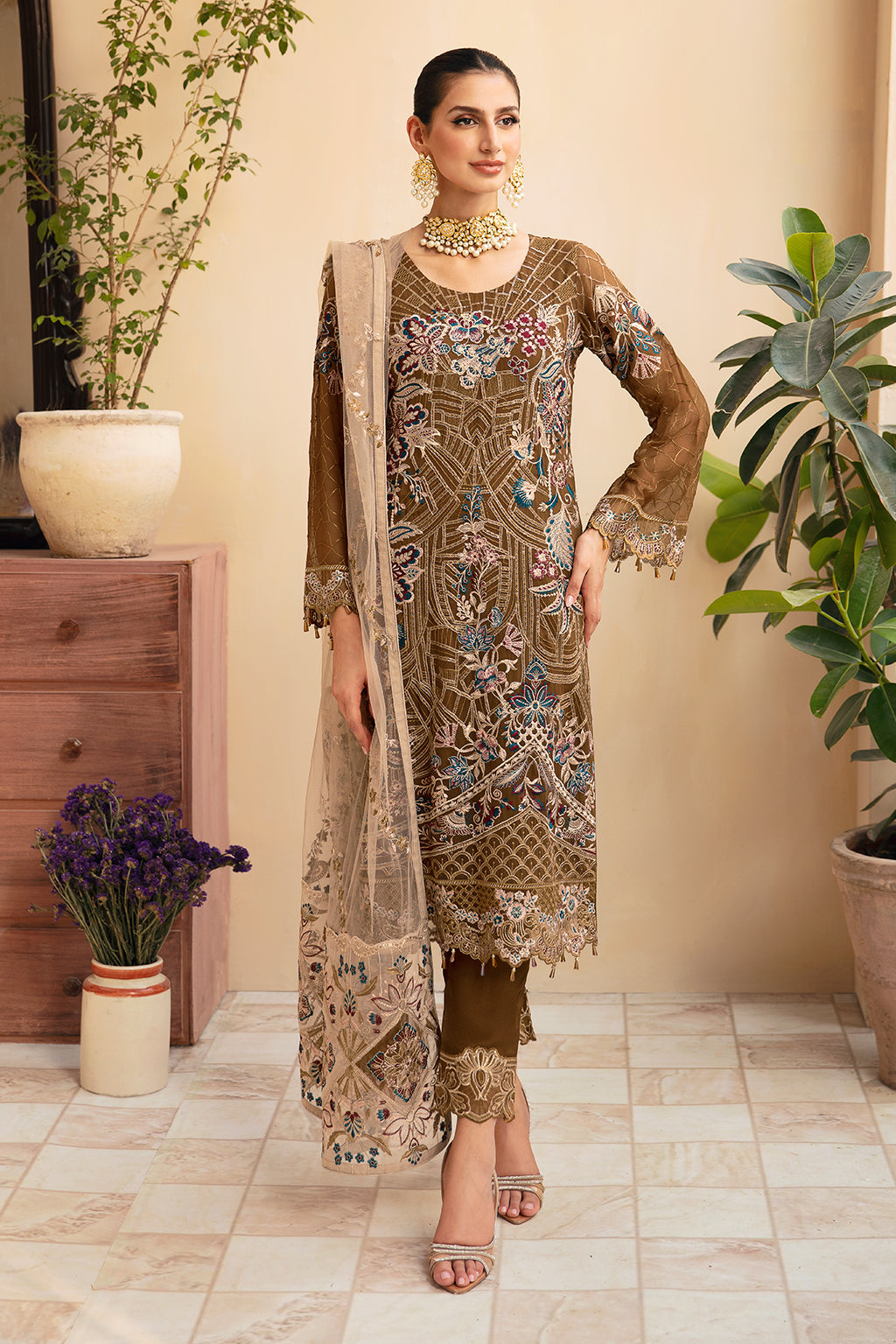Ramsha | Chevron Chiffon Collection | A-910 XS Dull Brown Chiffon