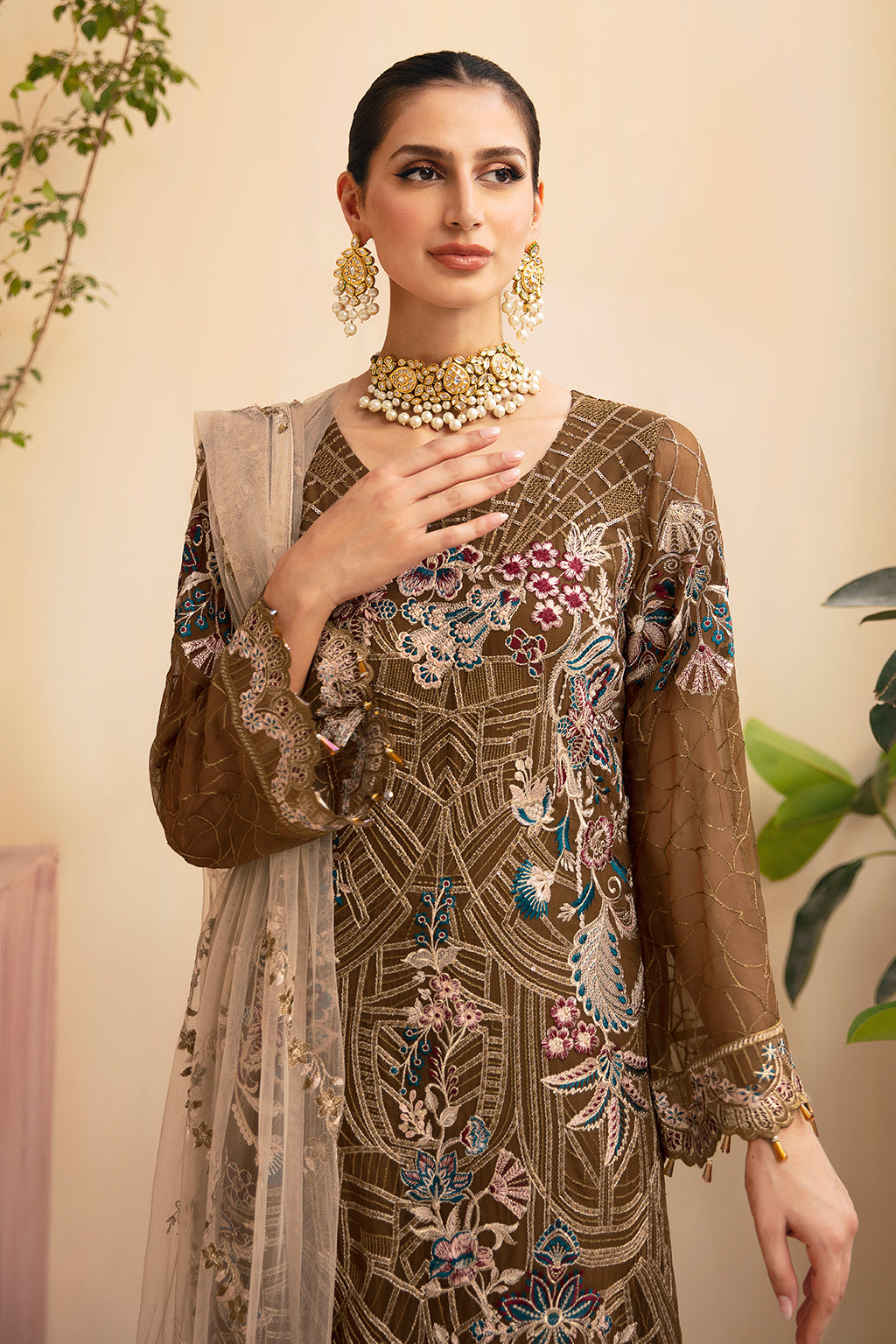 Ramsha | Chevron Chiffon Collection | A-910 M Dull Brown Chiffon