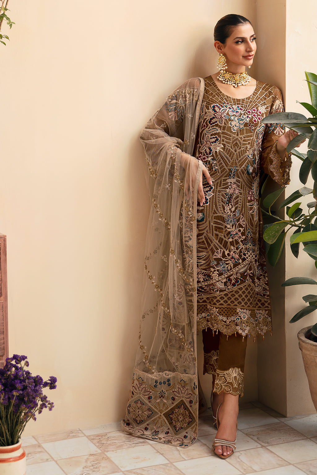 Ramsha | Chevron Chiffon Collection | A-910 L Dull Brown Chiffon