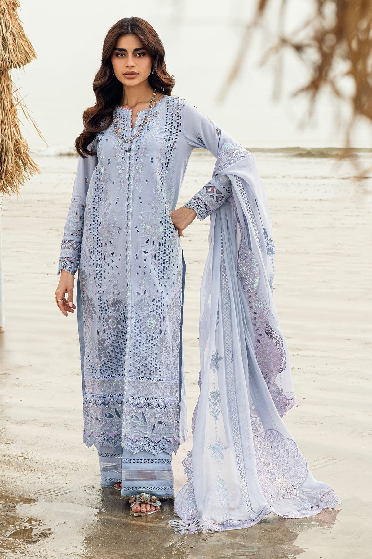 Nureh | Khuwab Luxury Lawn | NE-150 XS Gray Long Shirt with Sharara