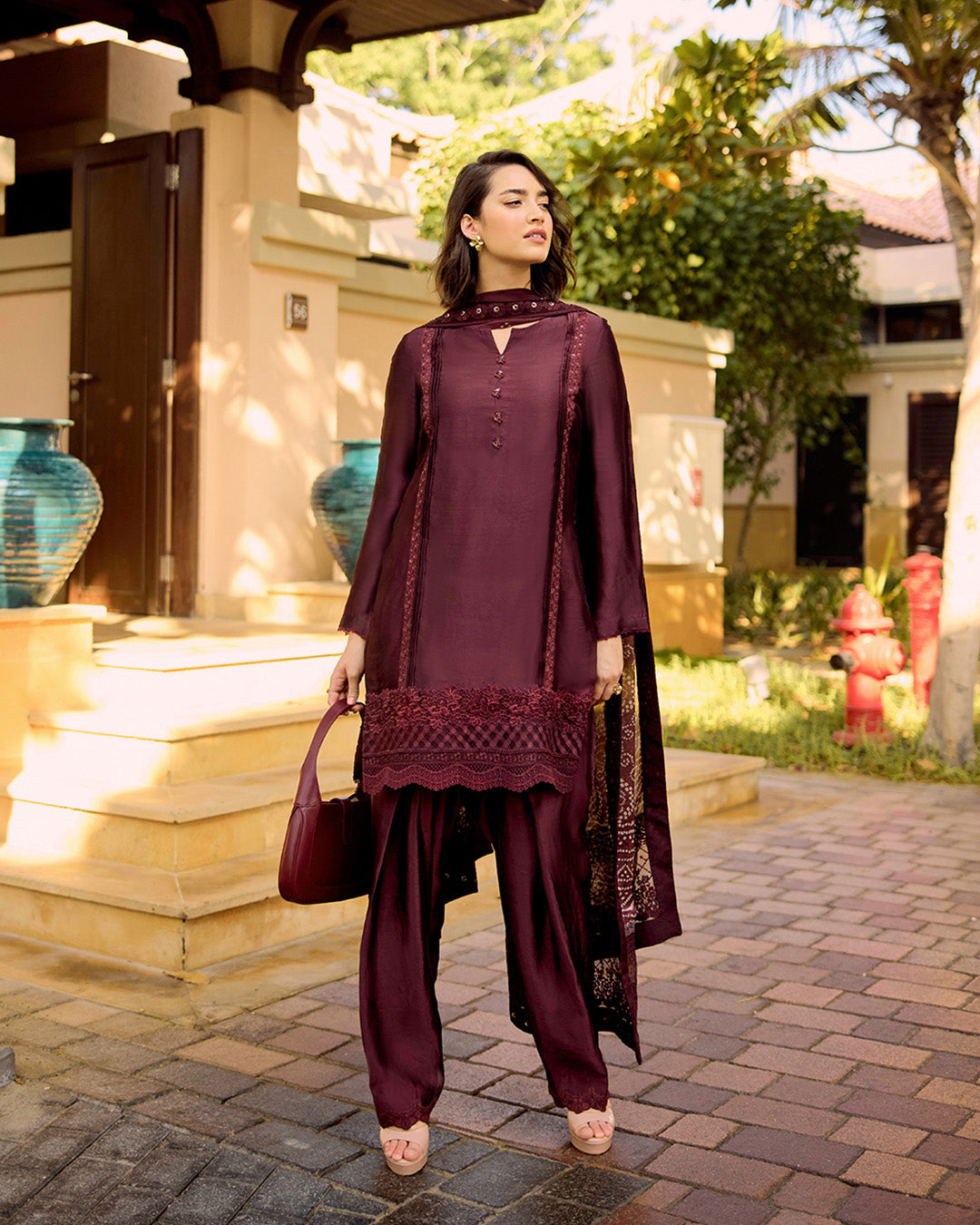 Faiza Saqlain | Carmela Luxury Pret | Triana XS Dark Maroon Oak Silk