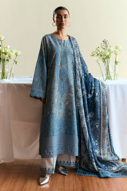Zara Shahjahan | Coco Eid Edit | Fleuron-D6 XS Light Blue Gray Lawn