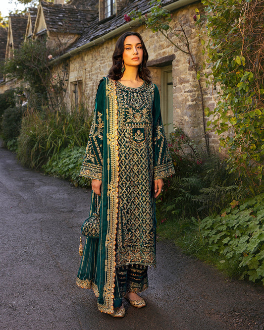 Faiza Saqlain | Adeen Formals | Merna XS Teal Green Embroidered Velvet