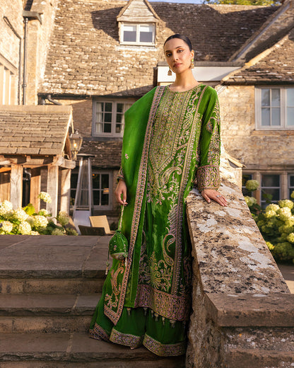 Faiza Saqlain | Adeen Formals | Tegan XS Forest Green Embroidered Velvet