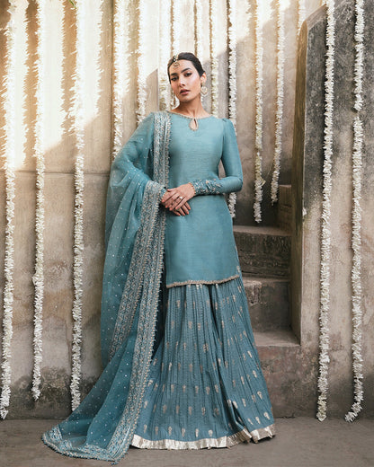 Faiza Saqlain | Zimmal Formals | Tisha XS Teal Blue Korean Raw Silk