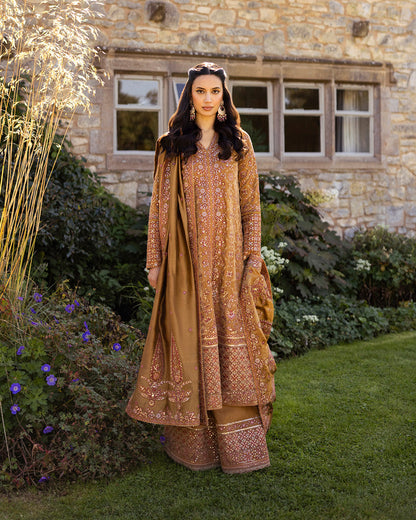 Faiza Saqlain | Adeen Formals | Coreene XS Mustard Brown Embroidered Velvet