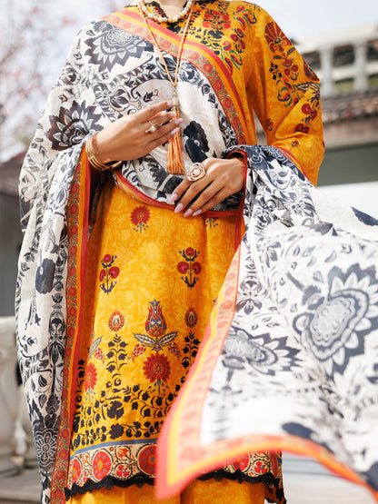 Almirah | Traditional Tale | ALP-3PS-2114 M Mustard Yellow Lawn