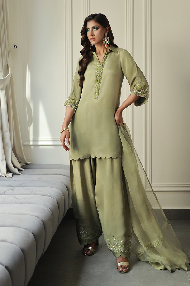 Wardha Saleem | Luxury Pret Traditional Wear | IARA XS Olive Green Crepe Silk
