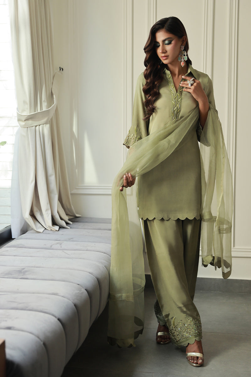 Wardha Saleem | Luxury Pret Traditional Wear | IARA XL Olive Green Crepe Silk