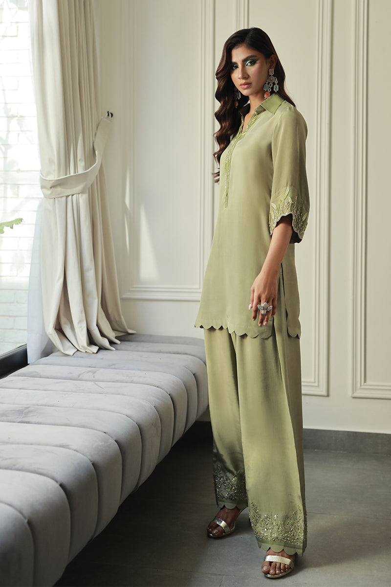 Wardha Saleem | Luxury Pret Traditional Wear | IARA S Olive Green Crepe Silk