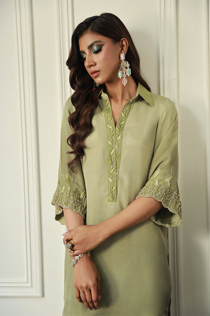 Wardha Saleem | Luxury Pret Traditional Wear | IARA L Olive Green Crepe Silk