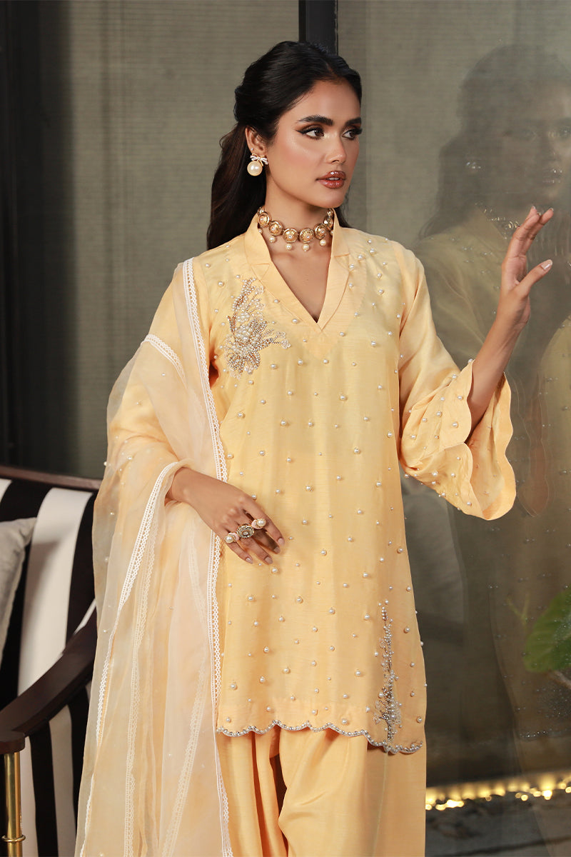 Wardha Saleem | Luxury Pret Traditional Wear | ZARIA M Pale Yellow Korean Raw Silk