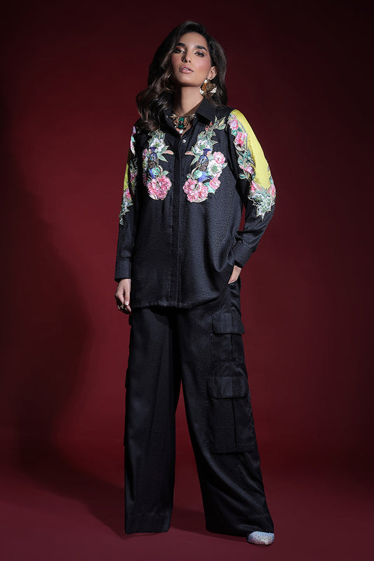 Wardha Saleem | Luxury Pret Fusion Wear | ONYX CORD-SET (2PC) XS Black Silk