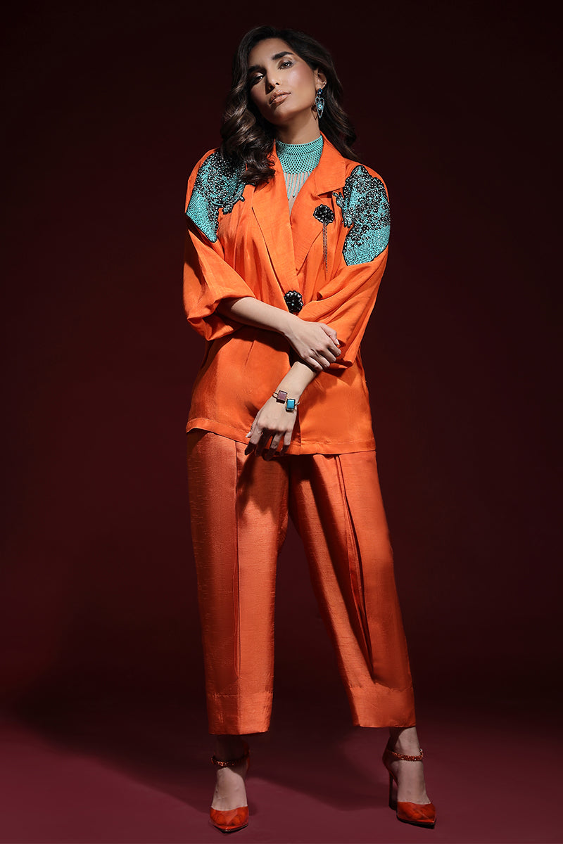 Wardha Saleem | Luxury Pret Fusion Wear | PANTHERA (ORANGE) CORD-SET (2PC) L Orange Korean Silk
