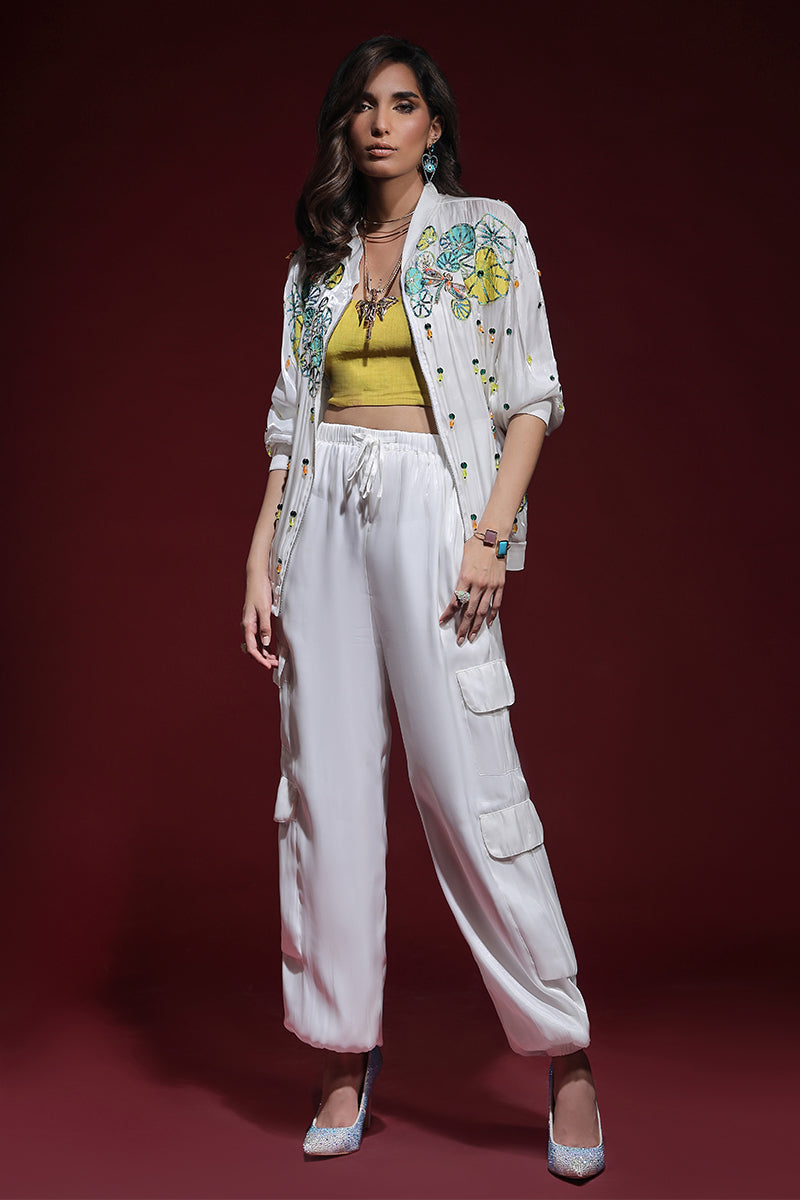 Wardha Saleem | Luxury Pret Fusion Wear | ZARA BOMBER JACKET WITH CARGO PANTS (2PC) XS White Lava Silk