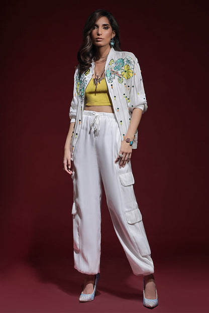 Wardha Saleem | Luxury Pret Fusion Wear | ZARA BOMBER JACKET WITH CARGO PANTS (2PC) XS White Lava Silk
