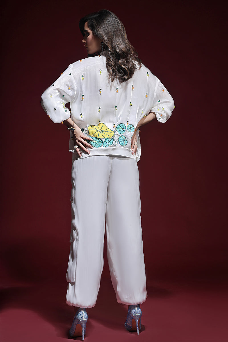 Wardha Saleem | Luxury Pret Fusion Wear | ZARA BOMBER JACKET WITH CARGO PANTS (2PC) S White Lava Silk
