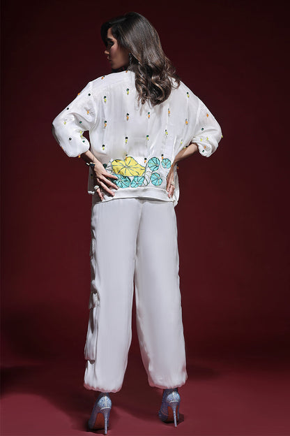 Wardha Saleem | Luxury Pret Fusion Wear | ZARA BOMBER JACKET WITH CARGO PANTS (2PC) S White Lava Silk