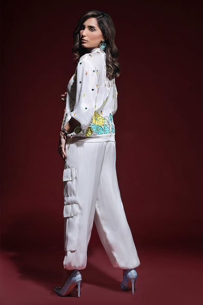Wardha Saleem | Luxury Pret Fusion Wear | ZARA BOMBER JACKET WITH CARGO PANTS (2PC) XL White Lava Silk