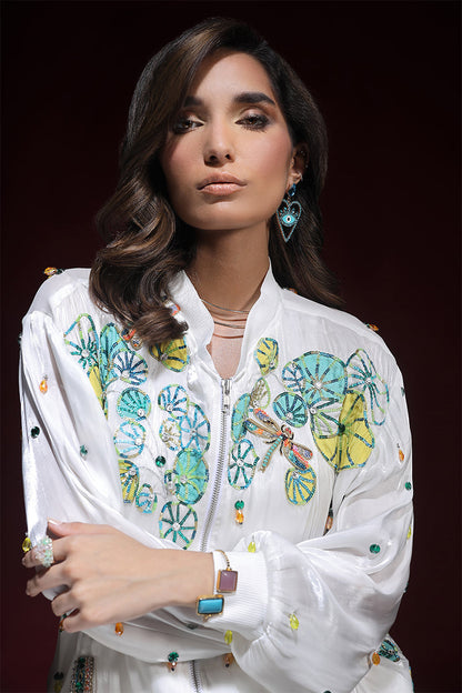 Wardha Saleem | Luxury Pret Fusion Wear | ZARA BOMBER JACKET WITH CARGO PANTS (2PC) M White Lava Silk