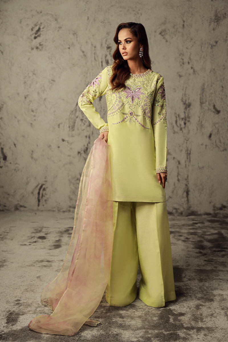 Wardha Saleem | Luxury Pret Traditional Wear | NAWAL XS Pistachio Green Korean Raw Silk