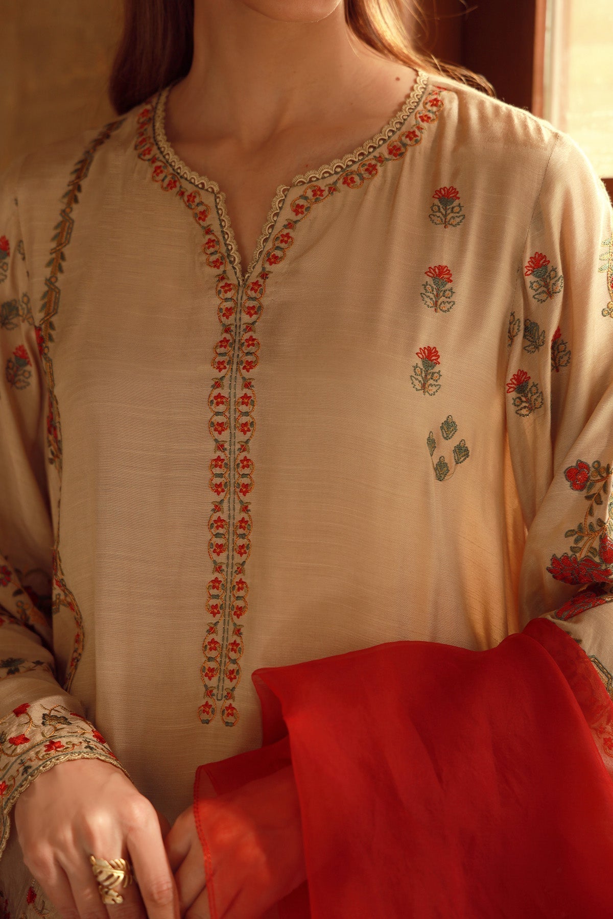 Sahar | Luxe Pret 25 | Crimson Bronze L Beige Raw Silk