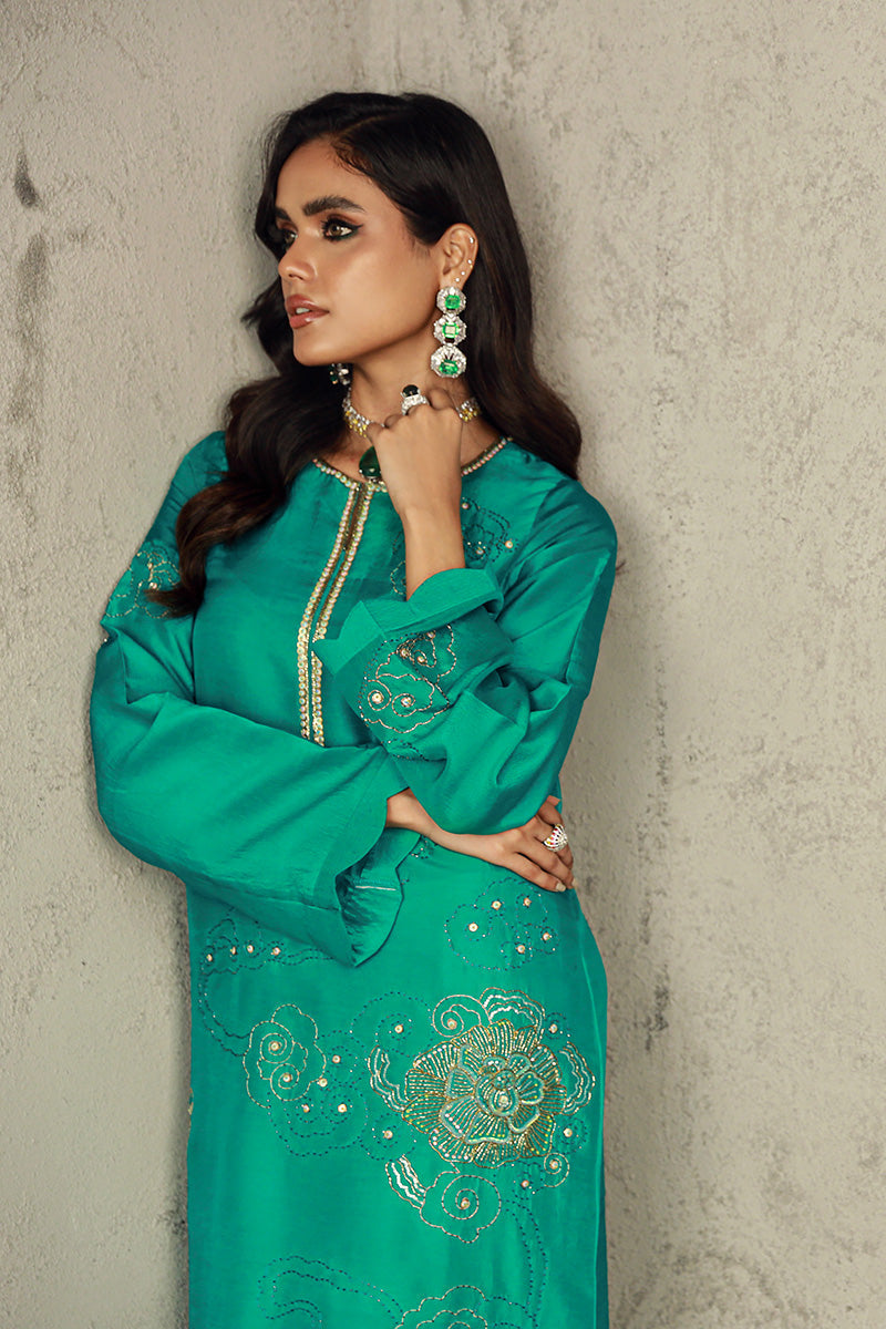 Wardha Saleem | Luxury Pret Traditional Wear | ZAHA L Emerald Green Pure Raw Silk