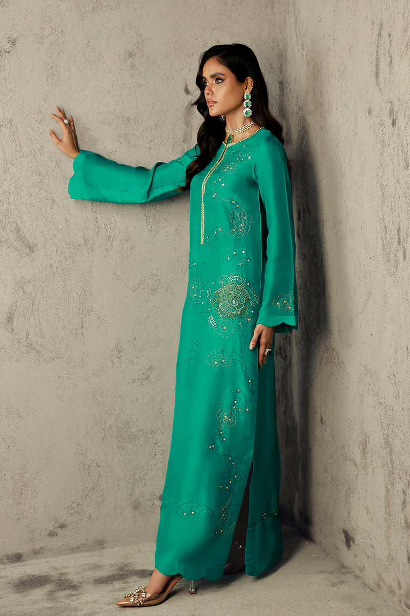 Wardha Saleem | Luxury Pret Traditional Wear | ZAHA XL Emerald Green Pure Raw Silk