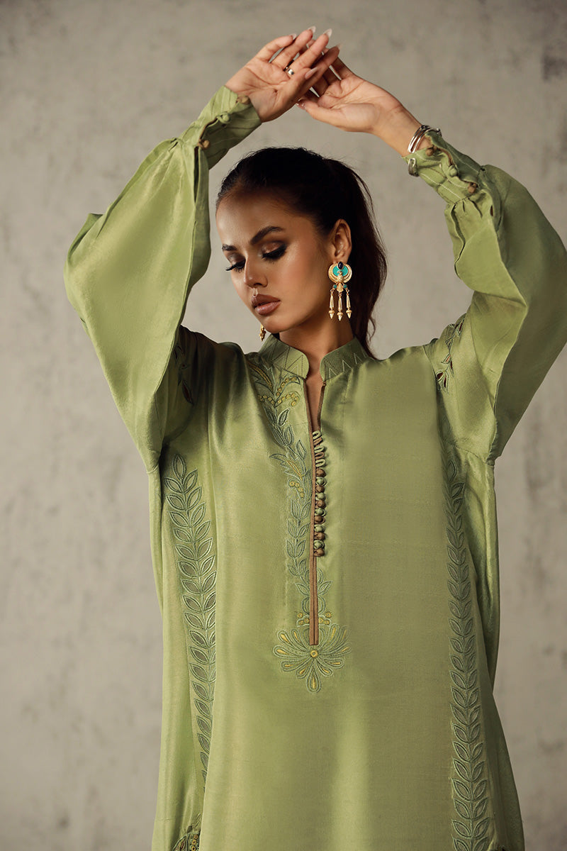 Wardha Saleem | Luxury Pret Traditional Wear | HANIA L Olive Green Pure Raw Silk
