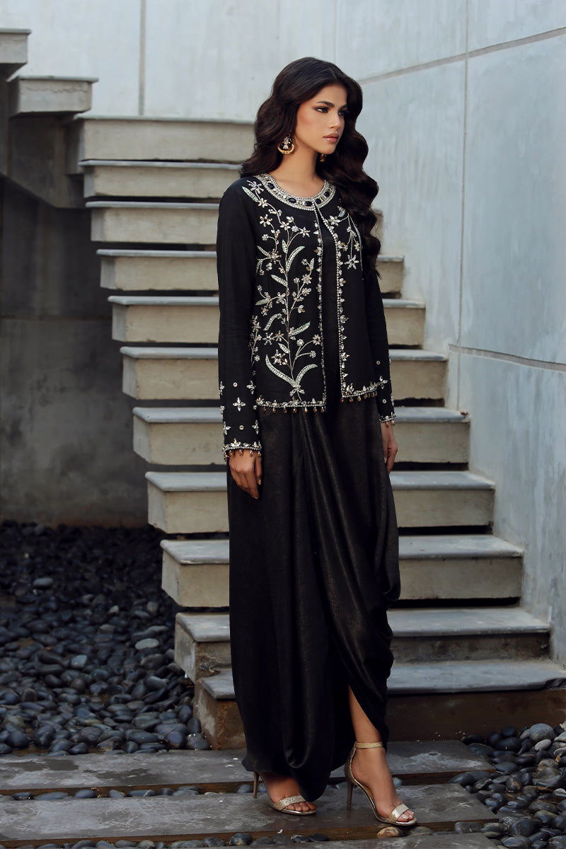 Wardha Saleem | Luxury Pret Fusion Wear | SIA (2PC) XS Black Korean Raw Silk